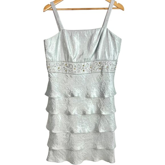 Davids Bridal Silver Tiered Ruffle Cocktail Dress 14 Mother of Bride - Picture 2 of 13